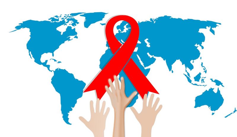 Symbol: Karte Erde, AIDS-Schleife, 3 Hände