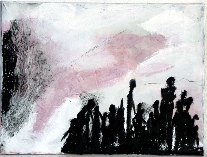 Gemälde, schwarze menschliche Schemen vor düsterem, schwarz-lila Hintergrund