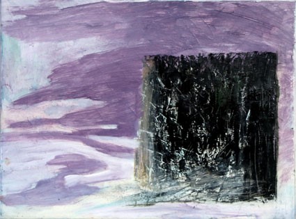 Gemälde, dunkler Block rechts vor blau-lila-Hintergrund